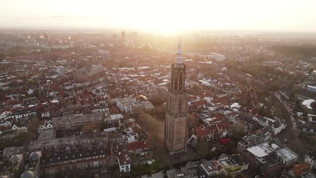 Aerial view of Amersfoort at spring season with the Lieve Vrouwe Tower, The Netherlands, Town Skylin