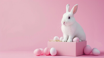 Easter card with a Easter bunny in a box with eggs on a pink background with copy space for your text