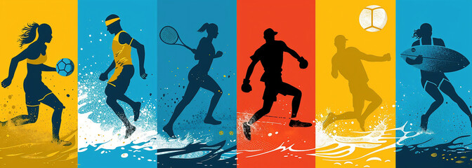 Panoramic collage with sports concept. Soccer, tennis, basketball, surfing, athletics... Sports in general
