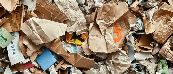A pile of trash with a lot of paper and cardboard. The trash is scattered all over the ground - obrazy, fototapety, plakaty