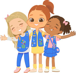 Happy multi ethnic multi aged girls scout hug. Girls Scout happily hug and smile. Girl together. Daisy Girls Scout Uniform - 763546636