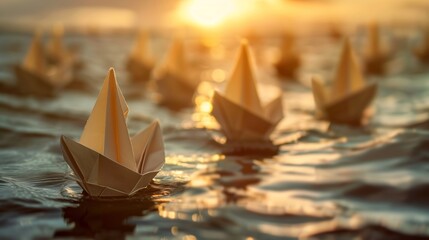A fleet of paper ships aligned in unison with one taking a divergent path, representing the courage to adopt innovative solutions and the impact of unique business ideas
