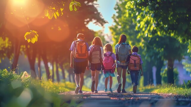 Happy Students Walking to School Together. Young, Academic, Academy, Friendship, Student, Elementary, Group, Children, Cheerful, Outside, Happy, Teenage, Young, Education
