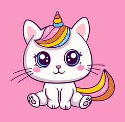 Sitting cute cat unicorn, doodle illustration for kids - 763546816