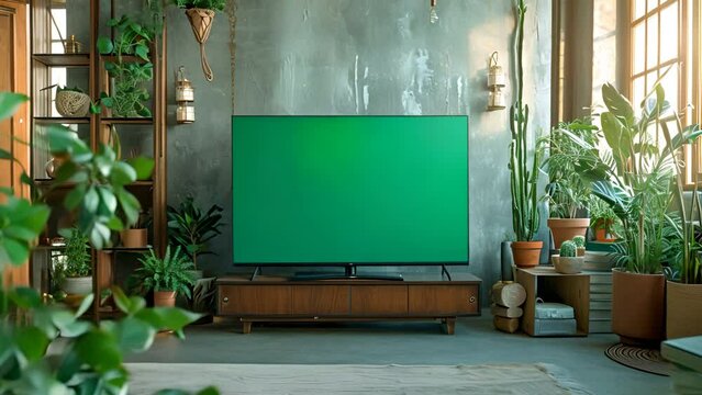 Close up on Modern Flat screen tv with a green screen,front view,minimalism white house