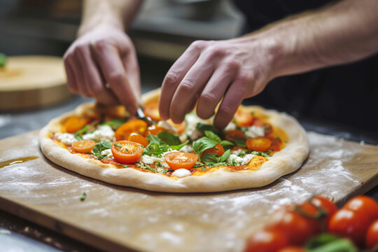 Chef preparing pizza in the kitchen, close up of hands