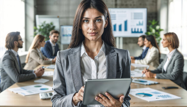 A professional woman holding a tablet stands in a boardroom with colleagues in the background.