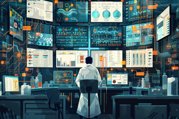 An abstract representation of a medical laboratory, with a kaleidoscope of screens displaying a myriad of data