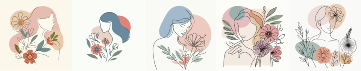 Vector woman and flowers with simple abstract flat line art style