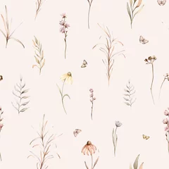 Fotobehang seamless pattern with watercolor botanical autumn illustration echinacea branches flowers. Autumn floral illustration. Fall vibes. Hand painted drawing isolated background. floral herds pastel color © Ekatmart