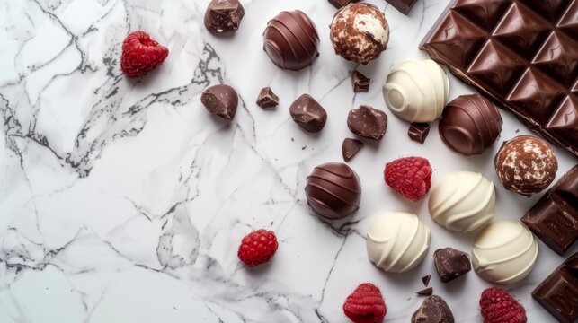 Variety of exquisite chocolate treats, featuring white, dark, and milk chocolate, set against white marble backdrop. Overhead shot view captures the assortment of chocolates in a flat lay photograph.