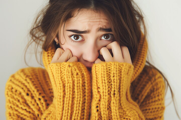 Anxious Young Woman in Bright Yellow Sweater - obrazy, fototapety, plakaty