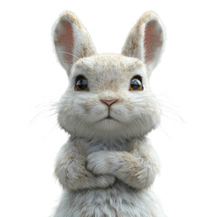 A rabbit is standing with its arms crossed and looking at the camera
