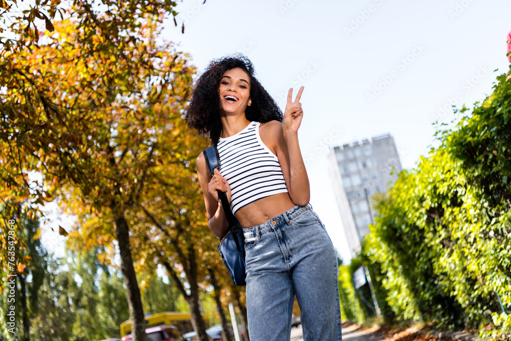 Sticker photo of cheerful lovely cute girl wearing crop top going to college showing v-sign on sunny warm se