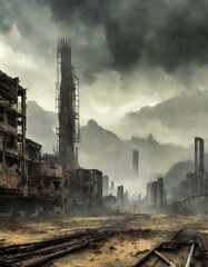 Desolate Metropolis: A Dystopian Cityscape Amidst Dark Clouds and Eastern Architecture