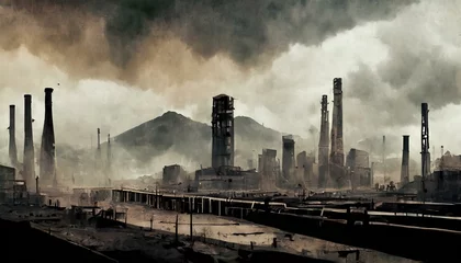 Foto op Plexiglas Desolate Metropolis: A Dystopian Cityscape Amidst Dark Clouds and Eastern Architecture © Only 4K Ultra HD