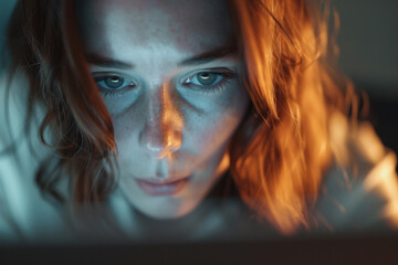 A close-up of a businesswoman's face illuminated by the glow of her laptop screen in a softly lit office, symbolizing focus and dedication