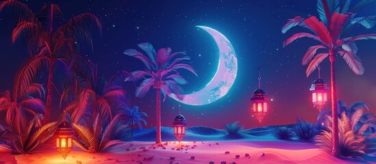 crescent moon with palm tree - obrazy, fototapety, plakaty