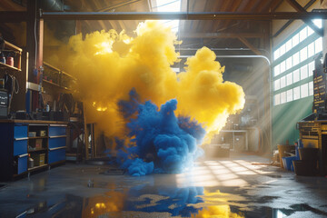 A dynamic and bold gradient of royal blue and goldenrod yellow smoke, showcased in a 3D-rendered garage with striking light effects