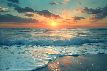 Breathtaking Sunset Seascape with Gentle Waves Lapping at the Shoreline - obrazy, fototapety, plakaty