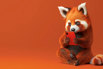 Cute fluffy red panda with a mobile phone