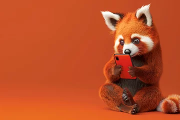 Gordijnen Cute fluffy red panda with a mobile phone © Лариса Люндовская