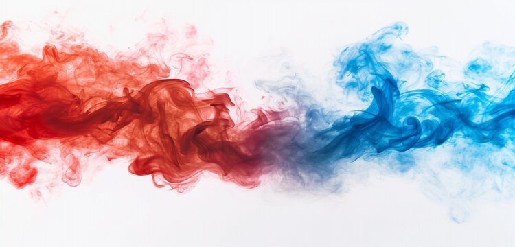 A dynamic interaction of fiery red and icy blue smoke, symbolizing the clash of hot and cold over a white background