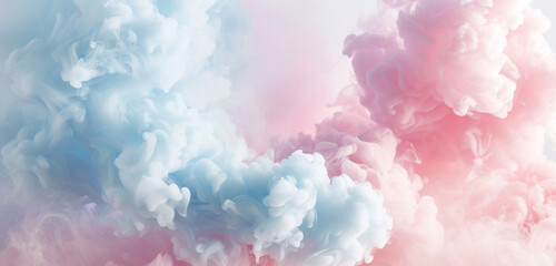 A gentle blend of pastel pink and baby blue smoke over white, reminiscent of a soft, dreamy cloudscape - obrazy, fototapety, plakaty
