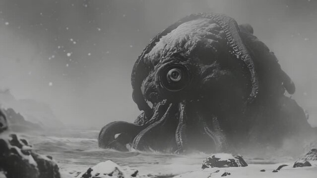 Vintage sci-fi giant octopus alien monster in the Arctic region with one eye animation