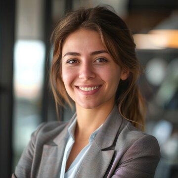 Smiling European businesswoman 20-30 years old, active business woman against the background of her office