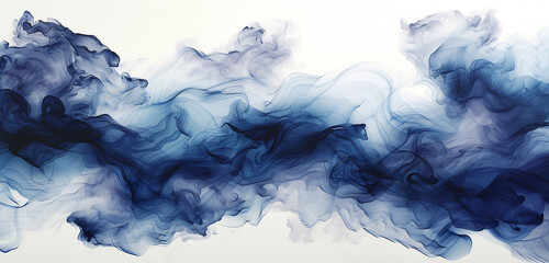 A mysterious and captivating blend of indigo and silver smoke, weaving together to create a magical scene over white - obrazy, fototapety, plakaty