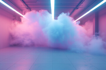 A peaceful and dreamy blend of sky blue and gentle mauve smoke, creating a serene gradient in a 3D garage with soft, diffused light - obrazy, fototapety, plakaty
