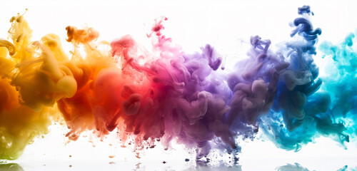A radiant explosion of rainbow smoke, spreading vividly over a white surface, symbolizing joy and...
