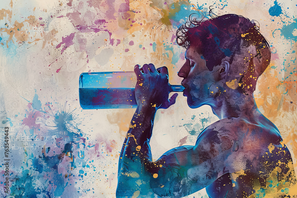 Poster an abstract view of a king-size model sipping a protein shake while lifting weights
