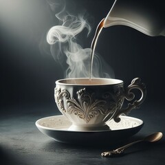 A vintage styled teacup releases steam into the air, as cream is elegantly poured, creating a swirling dance of warmth and richness against a dark backdrop. The fine detail of the cup's design exudes