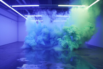 A striking gradient of electric blue and neon green smoke, mimicking an energetic water and paint mix, in a 3D garage with spotlighting