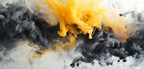 A striking splash of sunflower yellow and charcoal gray smoke, representing contrast and balance over white - obrazy, fototapety, plakaty