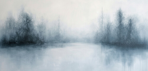 A subtle blend of icy blue and soft gray smoke over a white canvas, capturing the essence of a winter morning