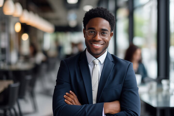 Fototapeta premium Smiling black businessman in suit. Man in work clothes. Rich man. Business boss. Boss of a start-up. Black man. Africa man. African country.AI.