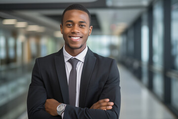Smiling black businessman in suit. Man in work clothes. Rich man. Business boss. Boss of a start-up. Black man. Africa man. African country.AI.