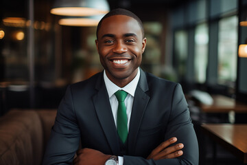 Smiling black businessman in suit. Man in work clothes. Rich man. Business boss. Boss of a start-up. Black man. Africa man. African country.AI. - obrazy, fototapety, plakaty