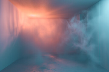 A tranquil and serene blend of sky blue and soft peach smoke, creating a calming gradient in a 3D garage with gentle lighting - obrazy, fototapety, plakaty