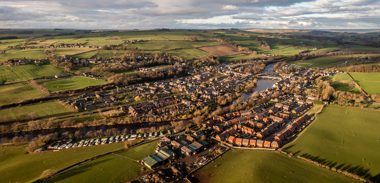 Aerial landscape view of the Northumberland village of Haydon Bridge