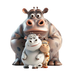 Three cartoon animals, a giraffe and two hippos, are standing together
