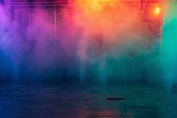 A vibrant and colorful display of rainbow smoke, transitioning smoothly in a gradient, showcased in a 3D garage with dynamic lights