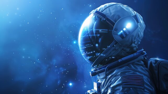 A man in a space suit is looking out into space. The image is a work of art that captures the essence of space exploration and the human desire to explore the unknown