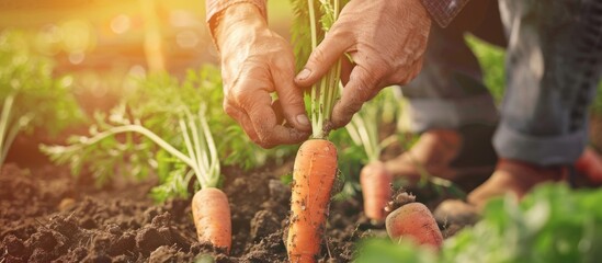 farmer's hands pulling carrots out of the ground - obrazy, fototapety, plakaty