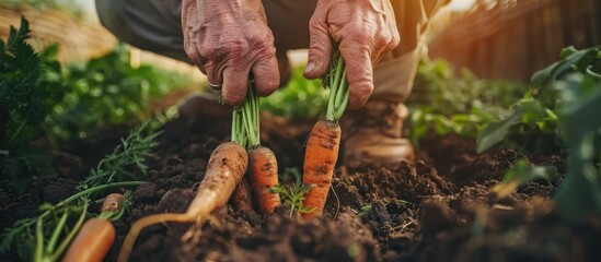 farmer's hands pulling carrots out of the ground