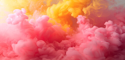 A vibrant and energetic display of raspberry pink and lemon yellow smoke, creating a playful and...