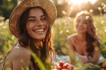 Smiling woman in straw hat with friend in sunlit flower field. Summer joy and friendship concept. Design for lifestyle blog, greeting card, invitation. Close-up portrait with bokeh background - obrazy, fototapety, plakaty